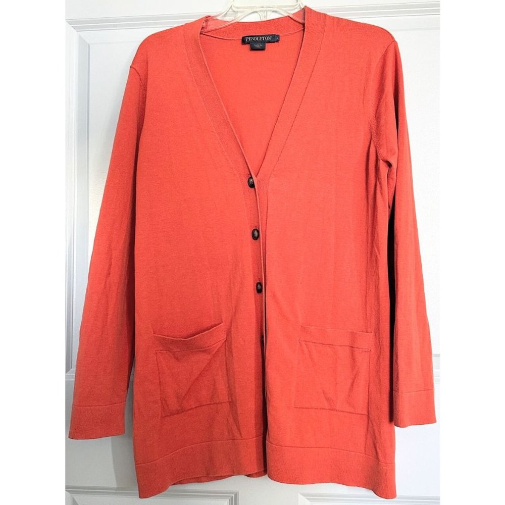 Pendleton Burnt Orange/Teracotta Longline Silk Cotton Stretch Button Cardigan - Picture 2 of 6